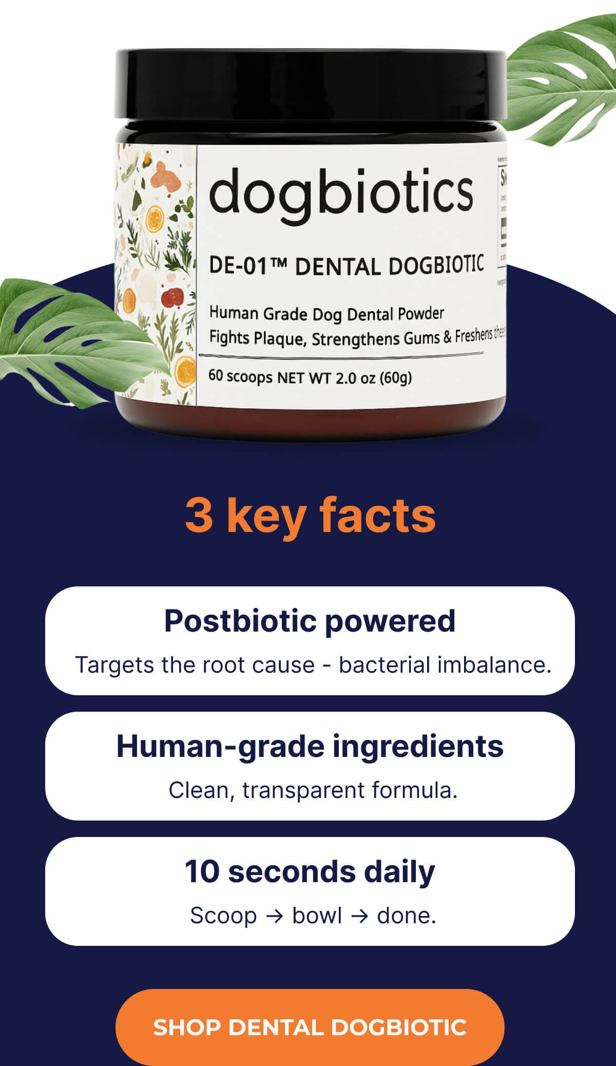 3 key facts | Postbiotic powered: Targets the root cause - bacterial imbalance. | Human-grade ingredients:  Clean, transparent formula. | 10 seconds daily:  Scoop → bowl → done. | SHOP DENTAL DOGBIOTIC