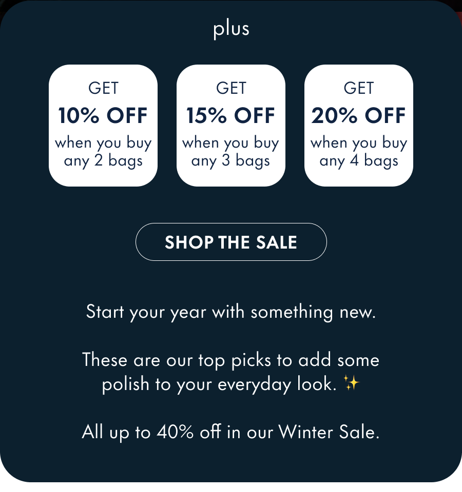 Get 10% off when you buy 2 bags Get 15% off when you buy 3 bags Get 20% off when you buy 4 bags