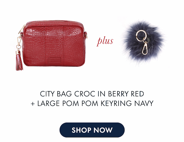 City Bag Croc in Berry Red + Navy Pom Pom Keyring