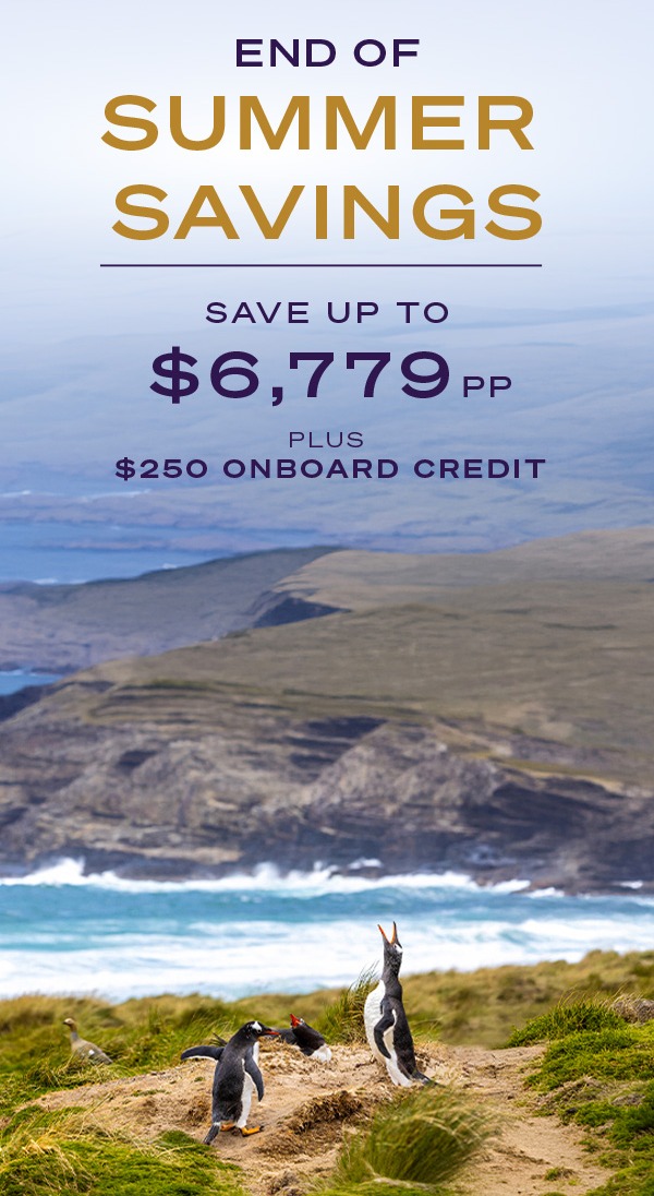 END OF SUMMER SAVINGS SAVE UP TO $6,779 PP PLUS $250 ONBOARD CREDIT | Gentoo penguins in the landscape of the Falkland Islands