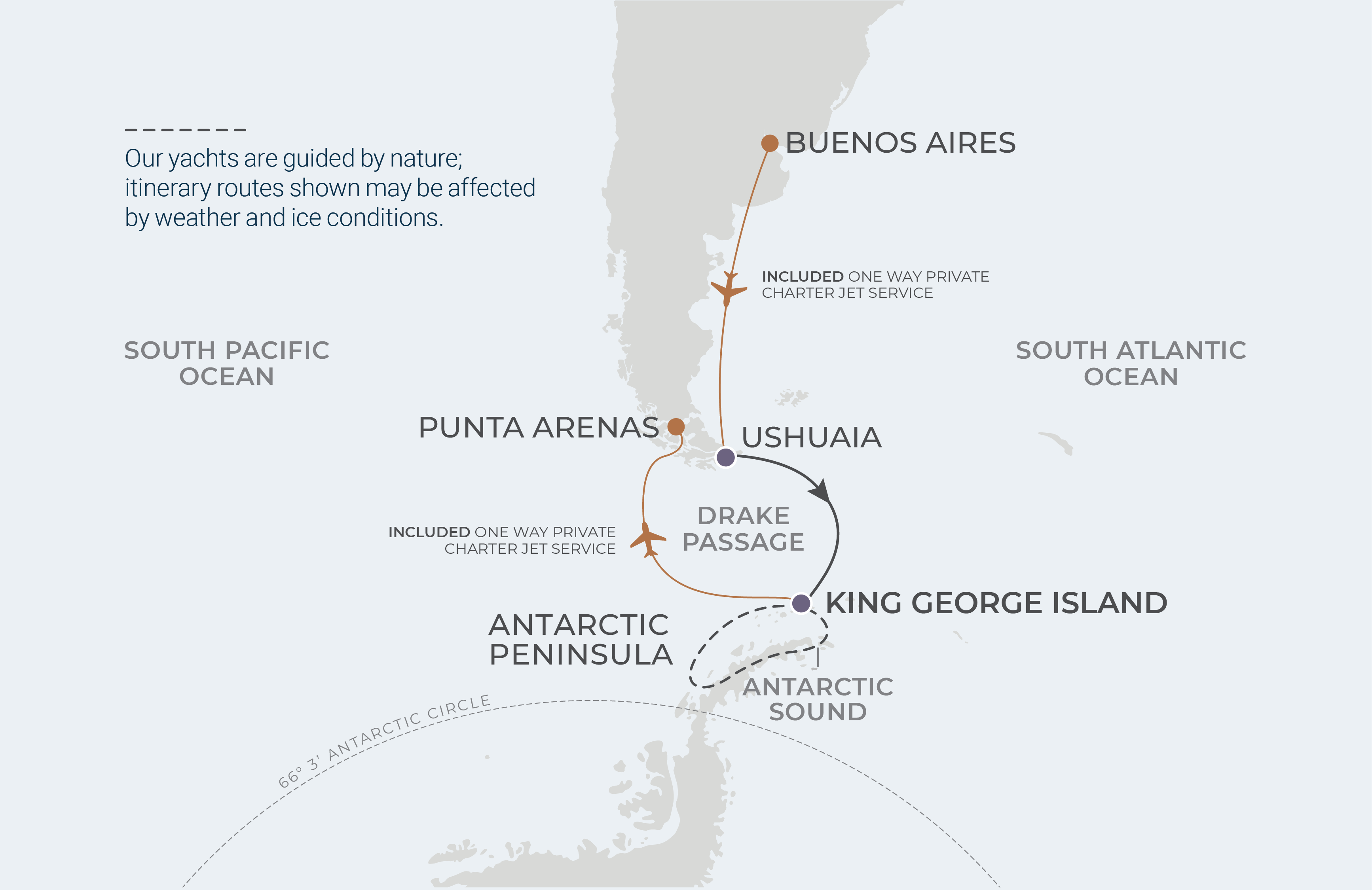 Ushuaia to King George Island map, Fly the Drake one way, sail the other Antarctica expedition