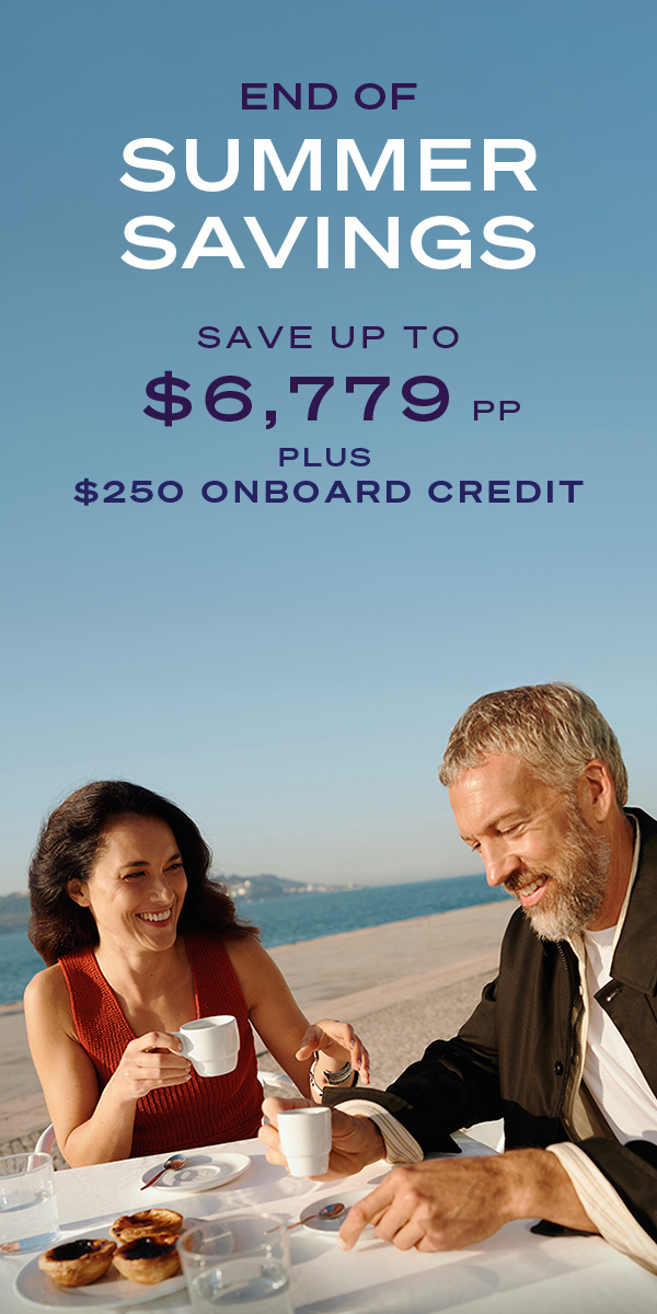 END OF SUMMER SAVINGS SAVING UP TO $6,779PP PLUS $250 ONBOARD CREDIT | A man and a woman having coffee and pastries at a seaside restaurant