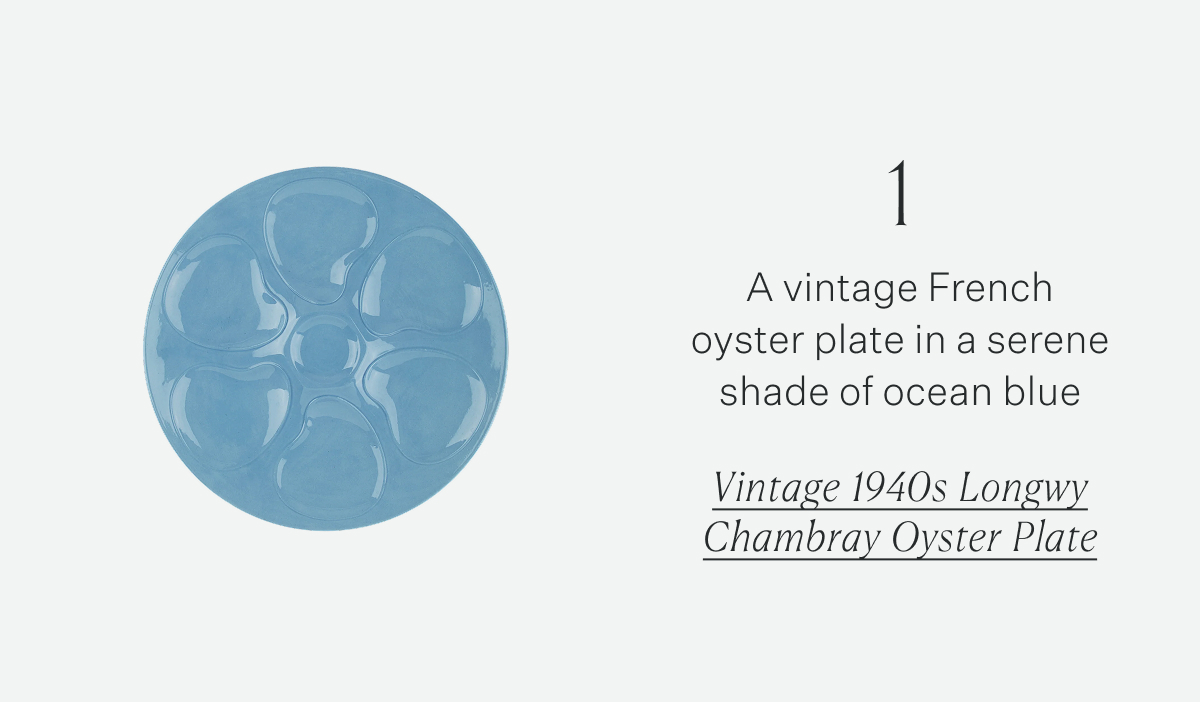 1 A vintage French oyster plate in a serene shade of ocean blue Vintage 1940s Longwy Chambray Oyster Plate
