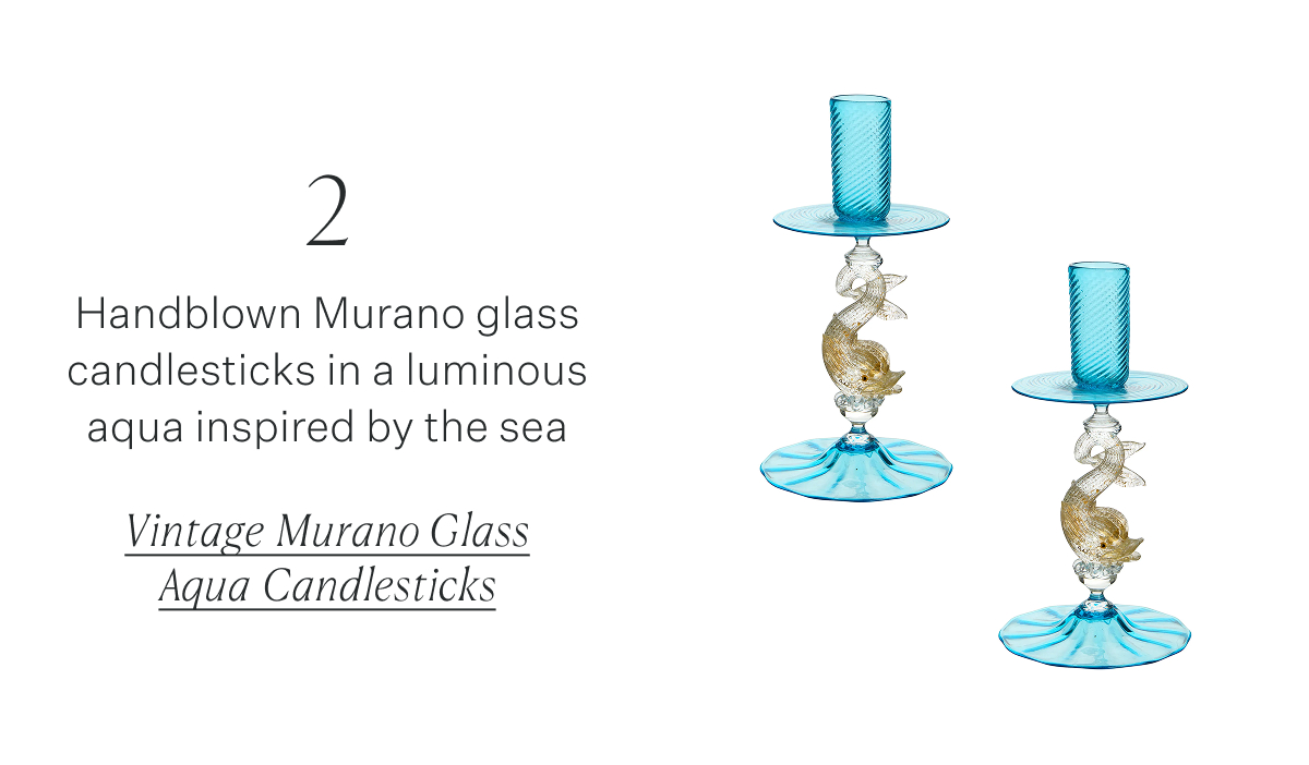 2 Handblown Murano glass candlesticks in a luminous aqua inspired by the sea Vintage Murano Glass Aqua Candlesticks