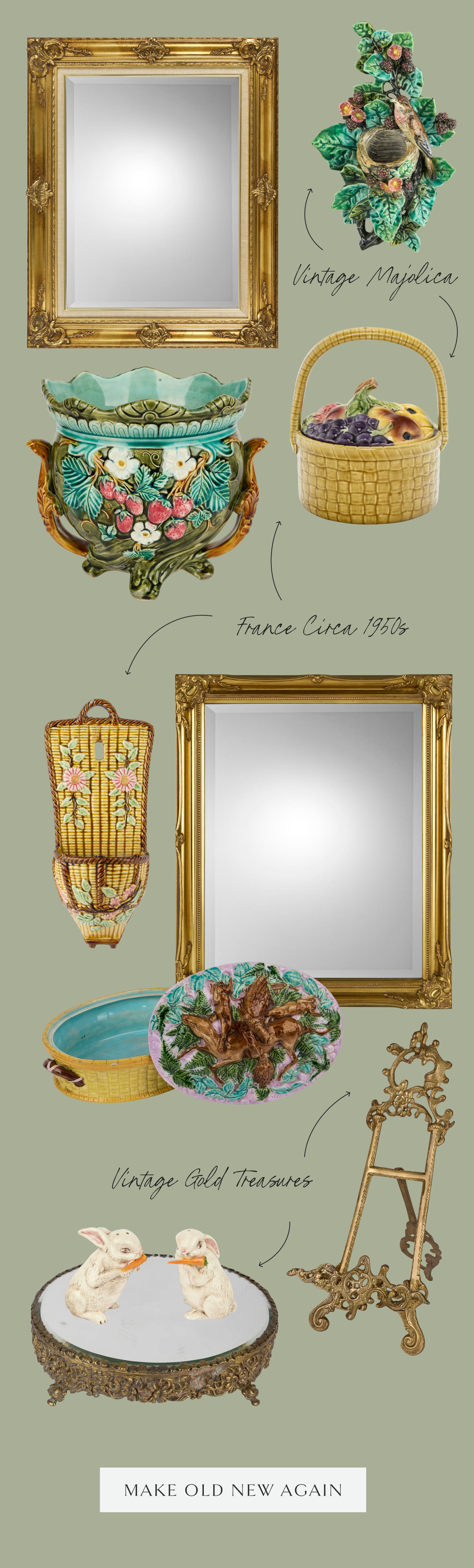 Vintage Majolica, France Circa 1950s, Vintage Gold Treasures Make Old New Again 