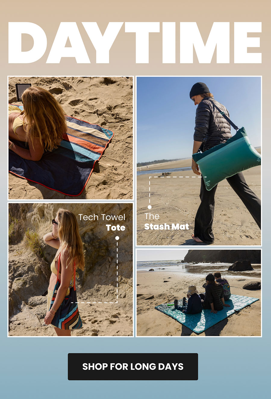 Daytime: women use Tech Towel Tote and Stash Mat on sunny, sandy beach.