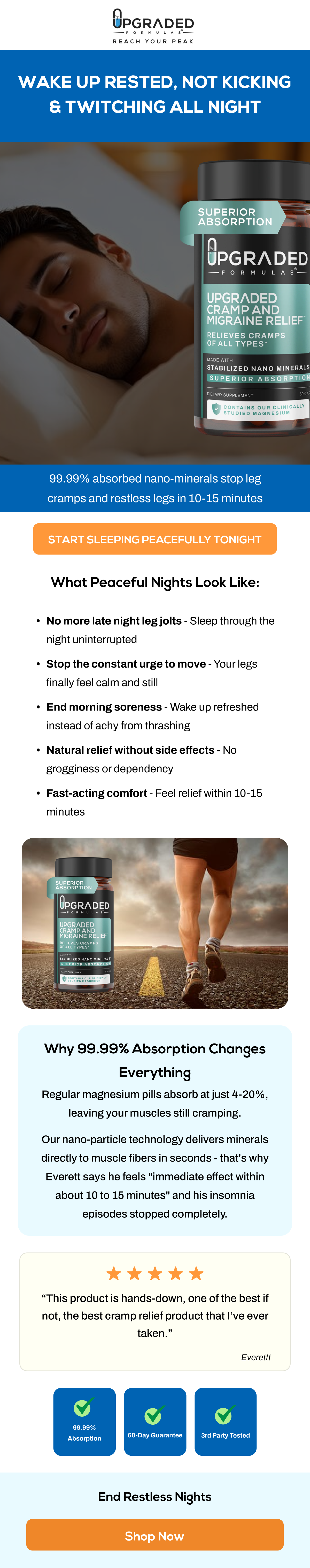 99.99% absorbed nano-minerals stop leg cramps and restless legs in 10-15 minutes
