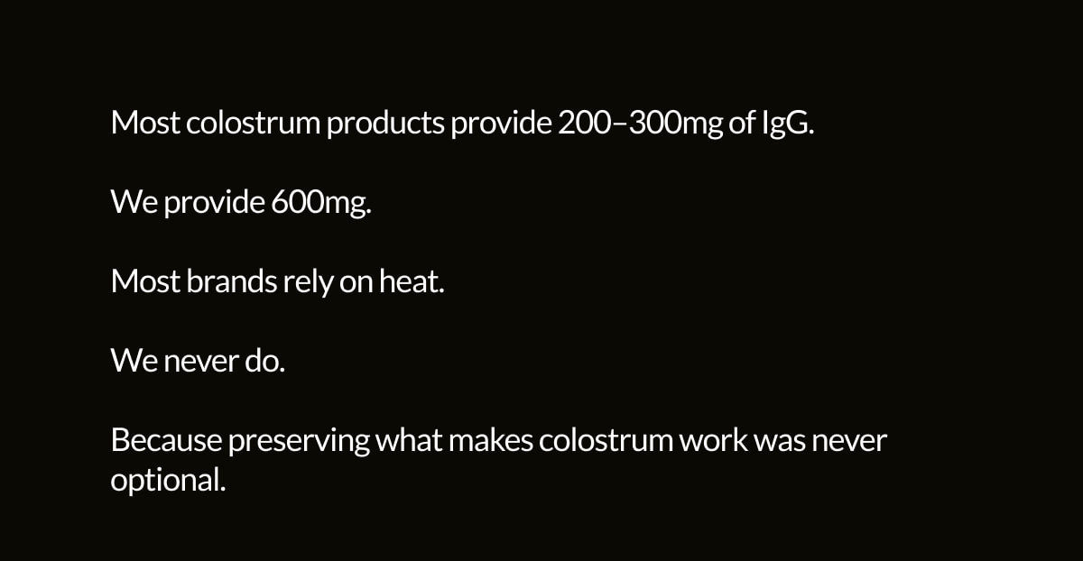 Most brands rely on heat. We never do. Because preserving what makes colostrum work was never optional.