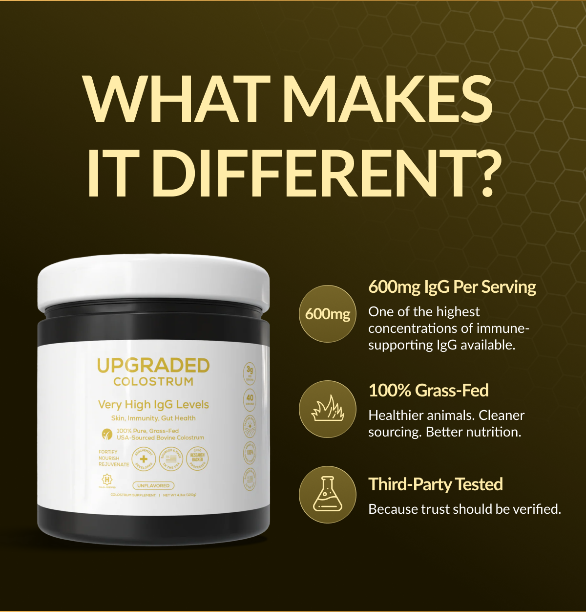 WHAT MAKES IT DIFFERENT? 600mg IgG Per Serving | 100% Grass-Fed | USA-Sourced | Third-Party Tested