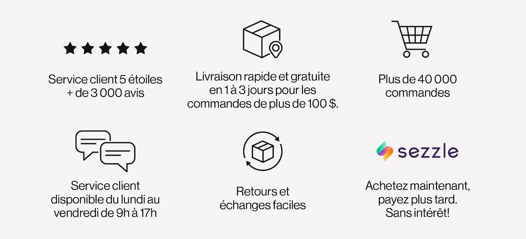 Service client 5 étoiles, + de 3000 avis. Livraison rapide et gratuite en 1 à 3 jours pour les commandes de plus de 100 $. Plus de 40 000 commandes. Service client disponible du lundi au vendredi de 9h à 17h. Retours et échanges faciles. Achetez maintenant, payez plus tard. Sans intérêt!