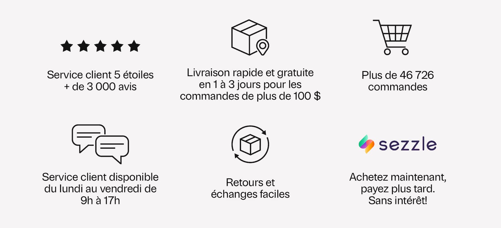 Service client 5 étoiles, + de 3000 avis. Livraison rapide et gratuite en 1 à 3 jours pour les commandes de plus de 100 $. Plus de 40 000 commandes. Service client disponible du lundi au vendredi de 9h à 17h. Retours et échanges faciles. Achetez maintenant, payez plus tard. Sans intérêt!