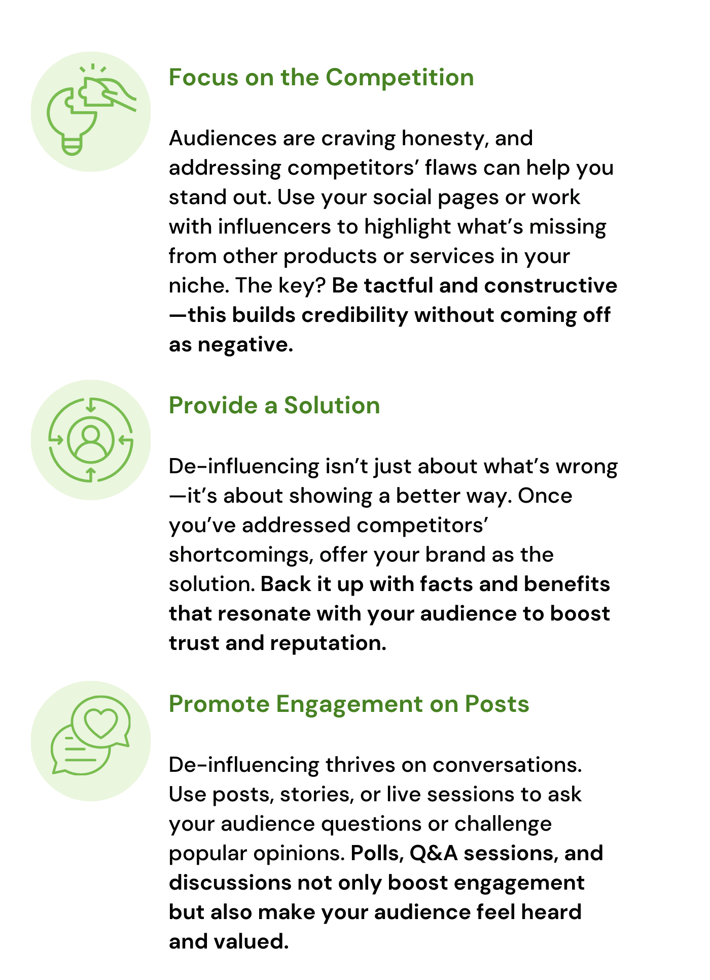 Focus on the competition, provide a solution, and promote engagement on posts.
