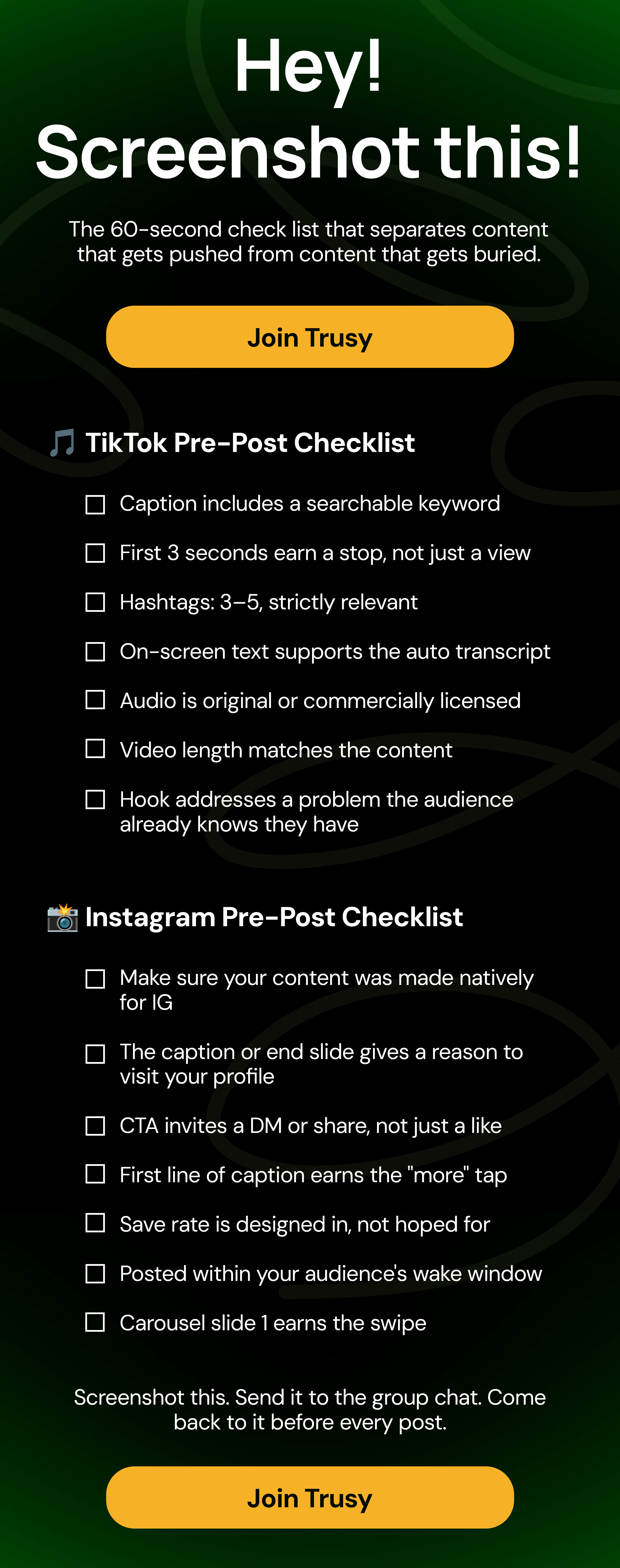 Hey! Screenshot this! The 60-second check list that separates content that gets pushed from content that gets buried.