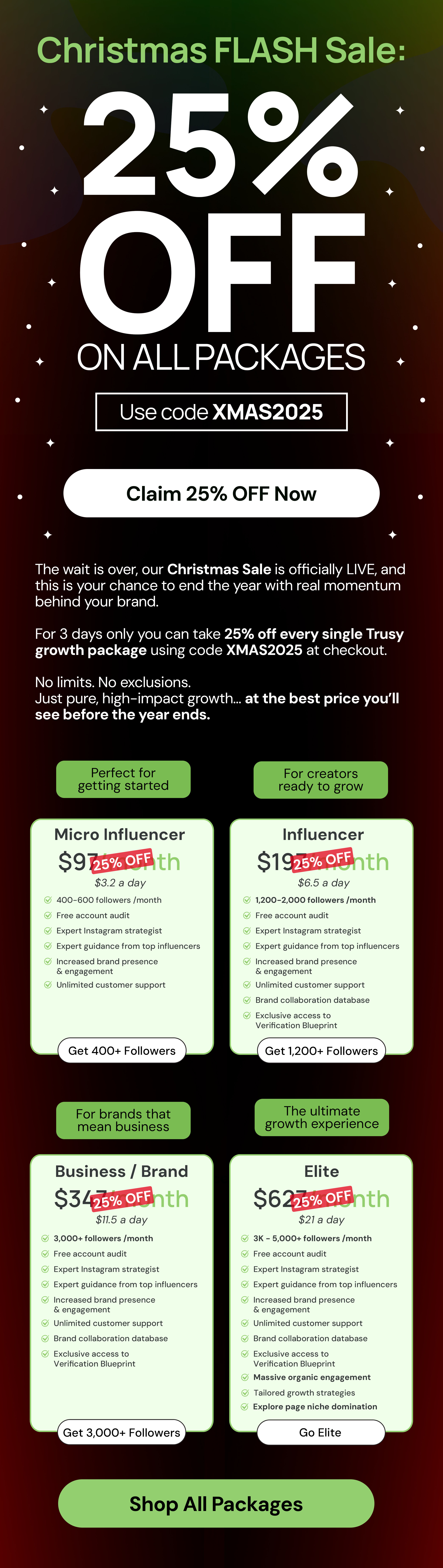 Christmas FLASH Sale: 25% Off All Growth Packages