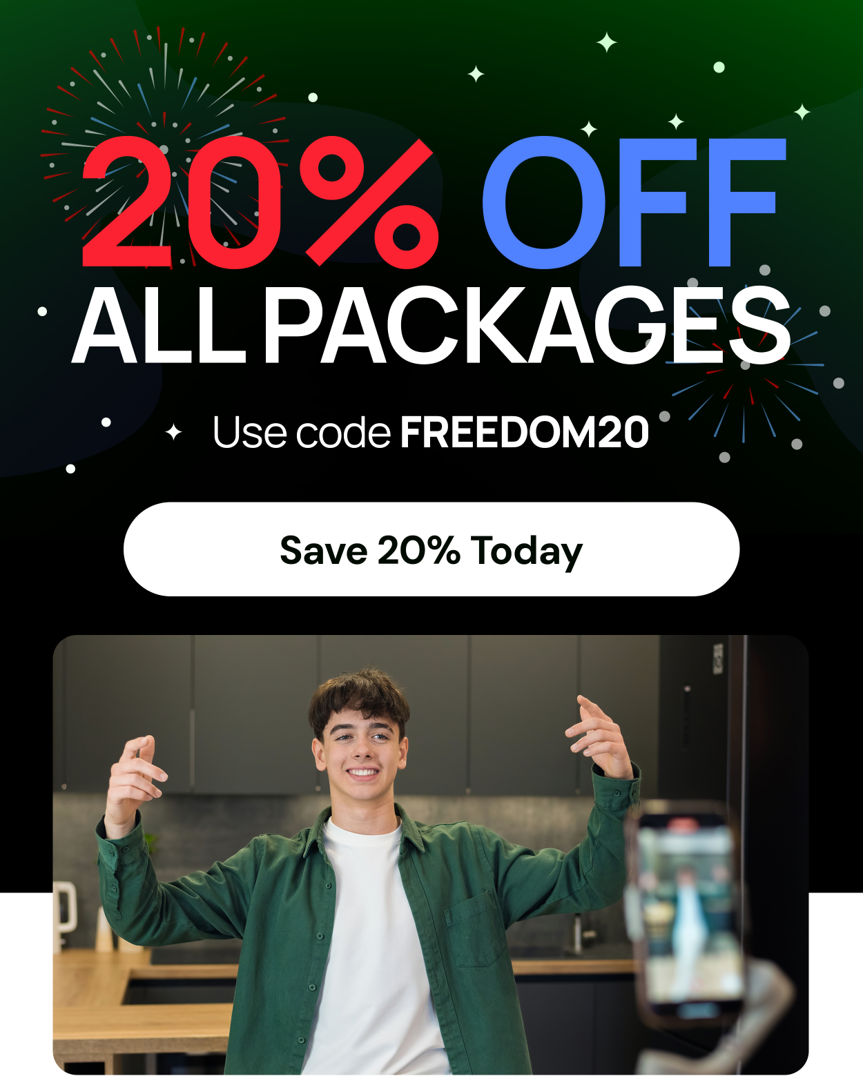 20% off on all packages with code FREEDOM20