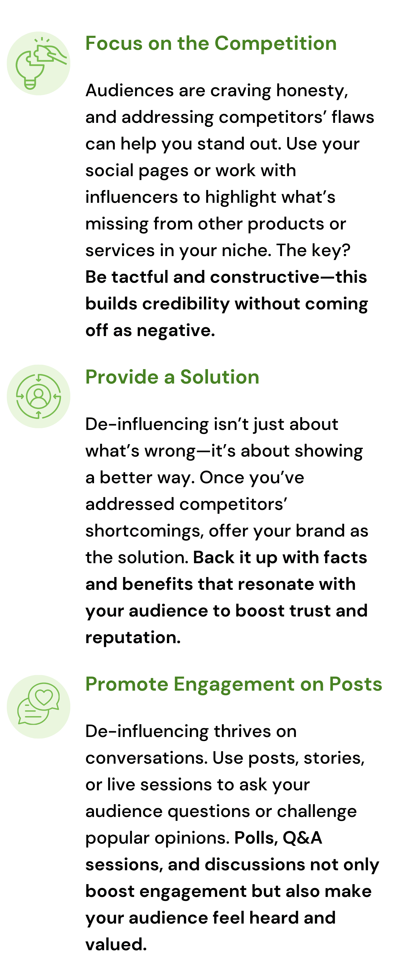Focus on the competition, provide a solution, and promote engagement on posts.