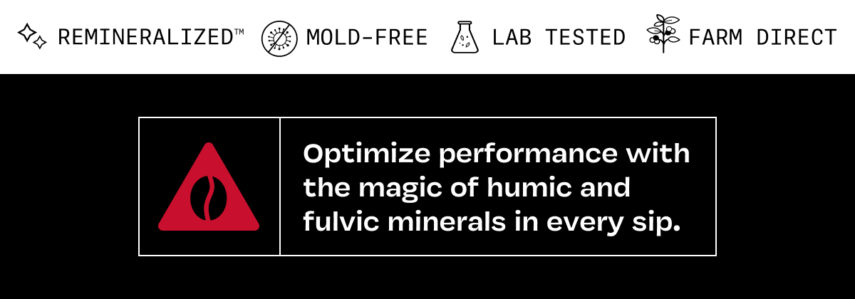 Icons for Remineralized, Mold-Free, Lab Tested, Farm Direct. Warning graphic reads: You're about to feel good.