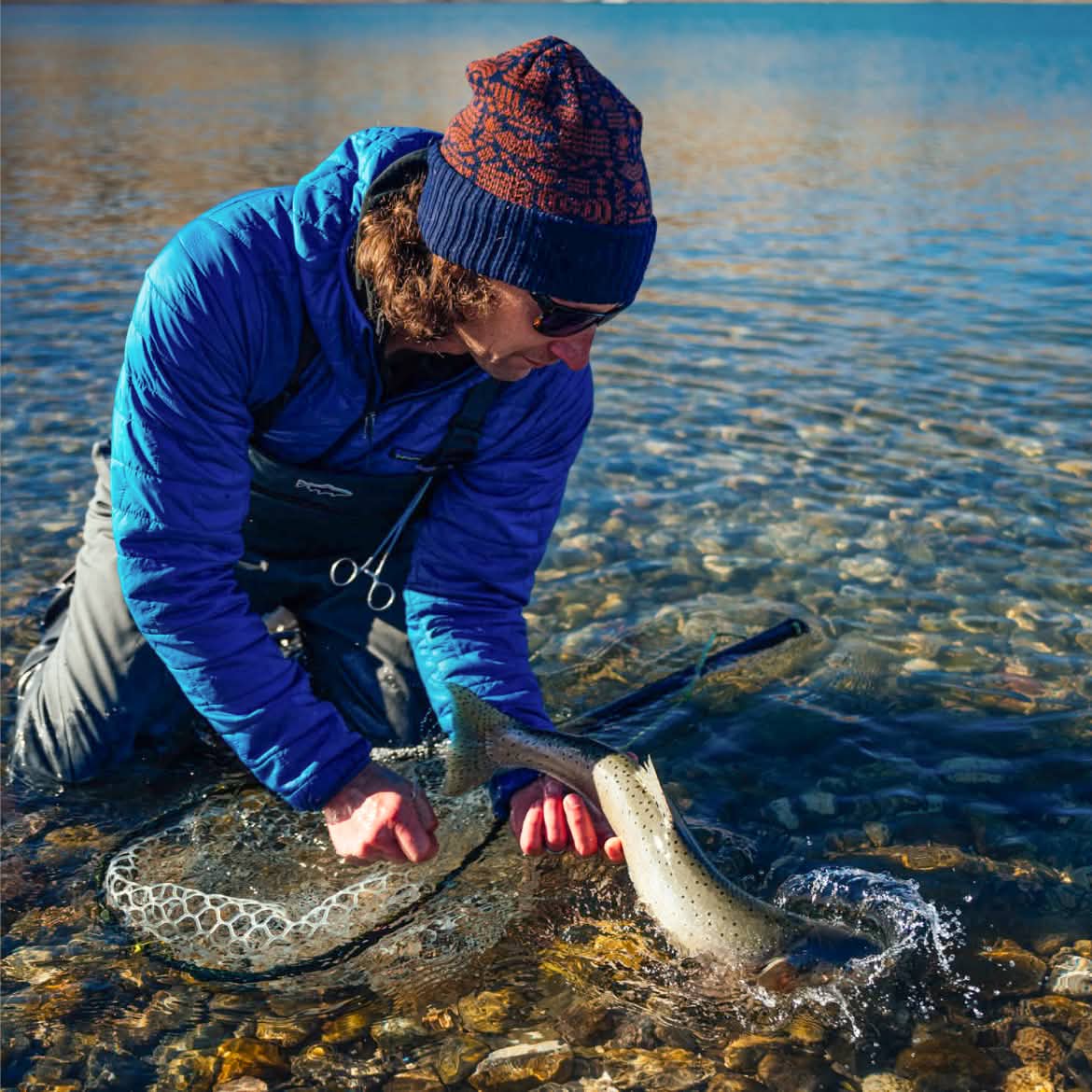 An angler with a beanie on releases his catch.