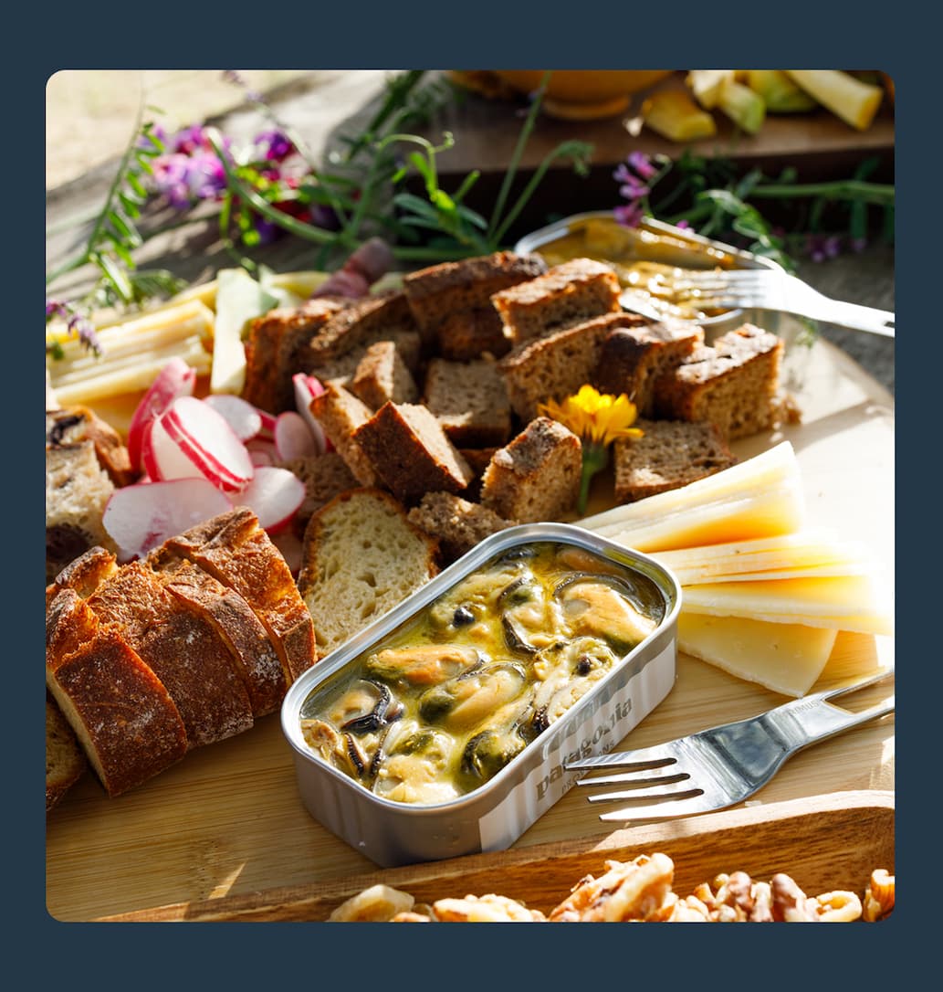 Mussels with cheese and bread board