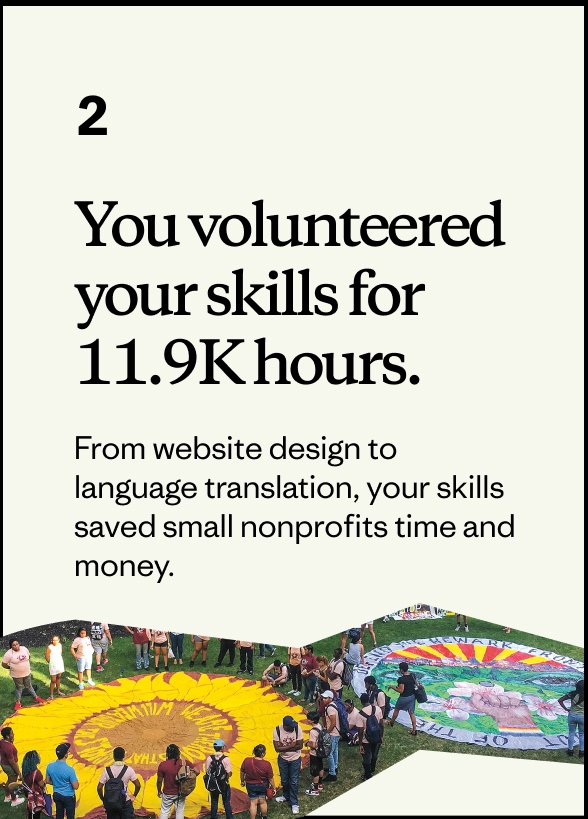 A group of people circle around large protest signs.