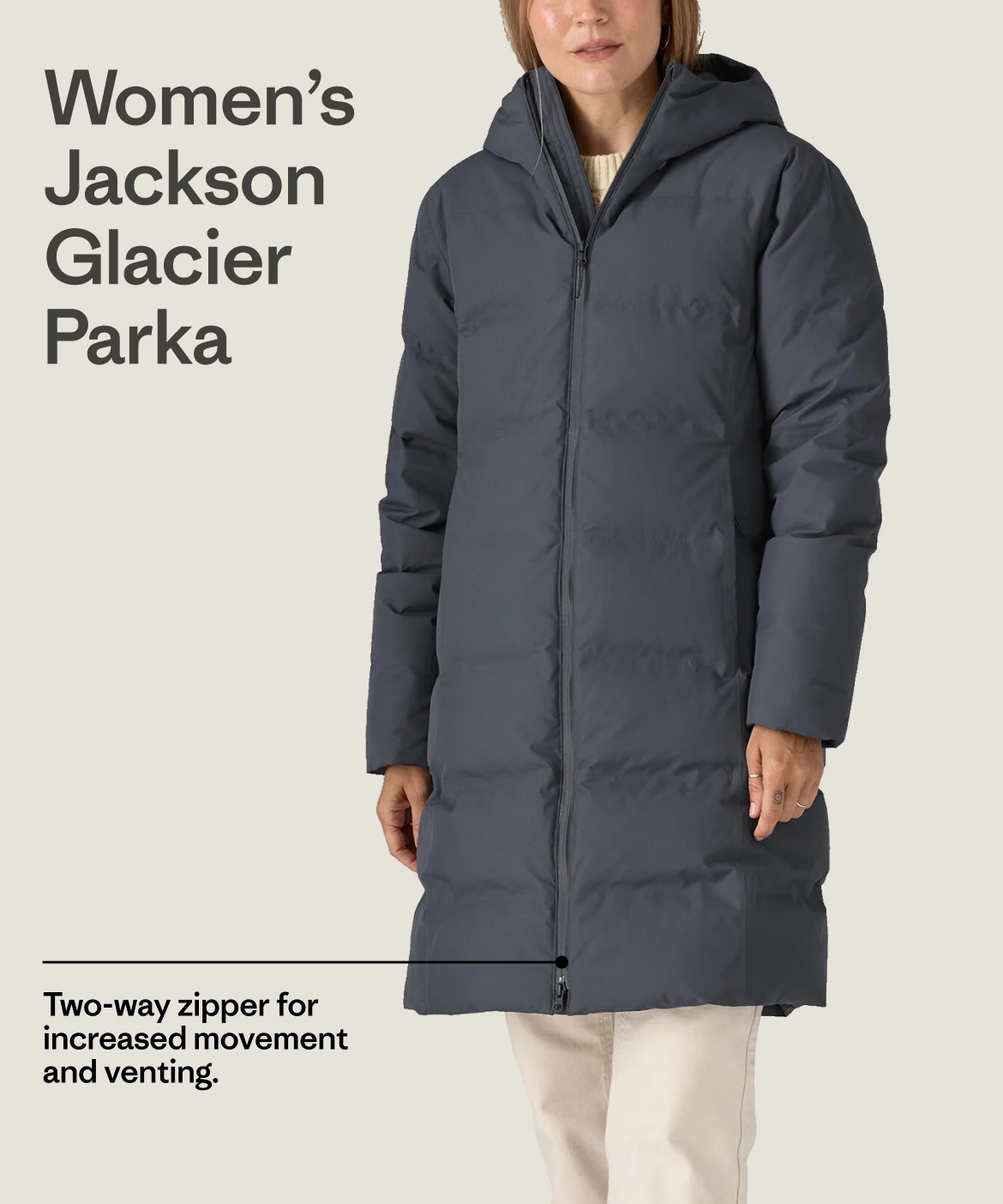 Women's Jackson Glacier Parka. Two-way zipper for increased movement and venting.