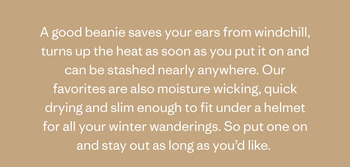 A good beanie saves your ears from windchill, turns up the heat as soon as you put it on and can be stashed nearly anywhere. Our favorites are also moisture qicking, quick drying and slim enough to fit under a helmet for all your winter wanderings. So put one on and stay out as long as you'd like.