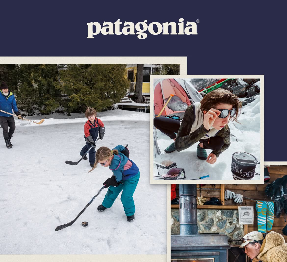 Patagonia. Our Fleece Family. People wear fleece gear in various winter settings.