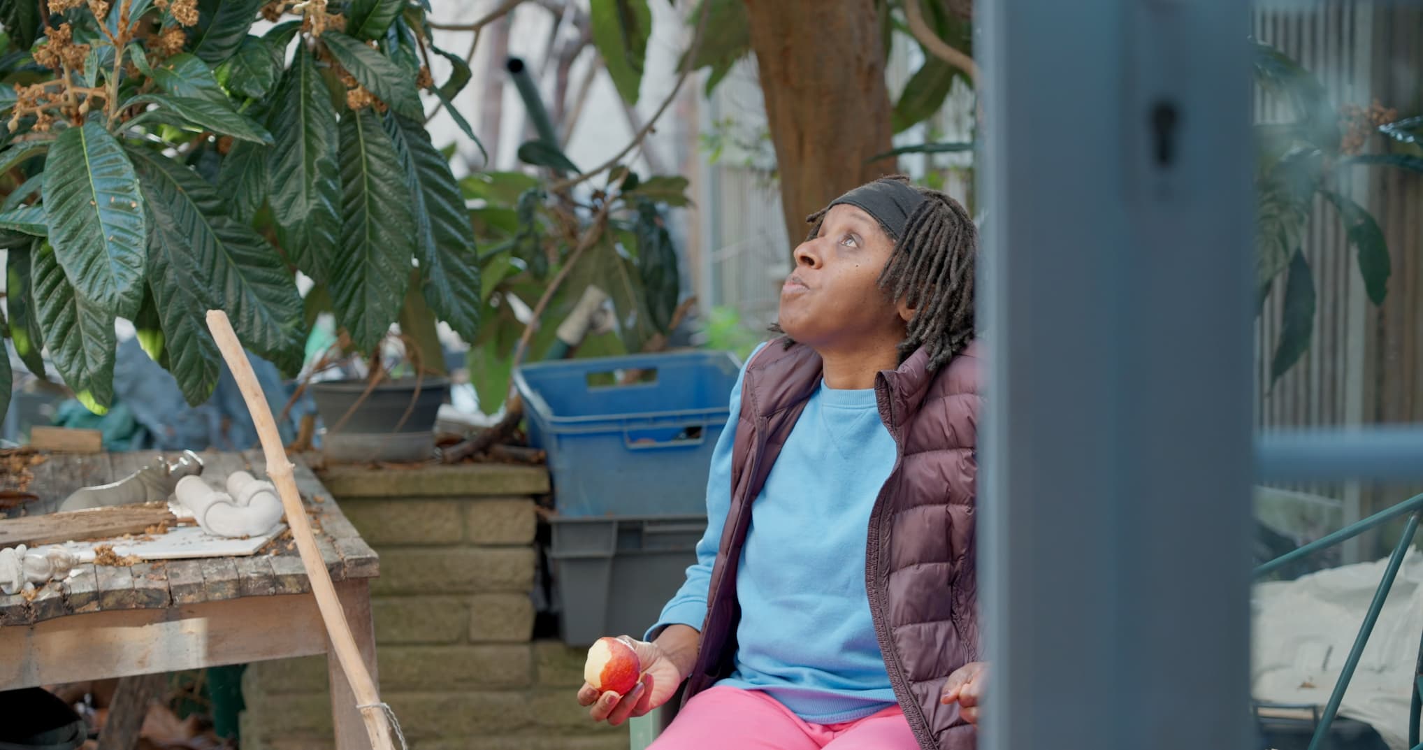A woman seated outdoors gazing upwards at a tree slightly out of shot, she is wearing a blue top, pink leggings and a light bodywarmer, she is eating an apple
