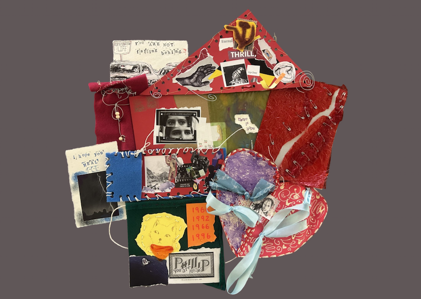 Colorful mixed-media collage composed of layered paper, fabric, and found materials arranged on a flat surface. The piece includes stitched elements, cut-out photographs, handwritten dates (“1966,” “1992,” “1996”), and fragments of printed text such as “you are not falling behind” and “hope.” A small blue-bound booklet, red textured panels, safety pins, beads, and ribbon bows create a dense, tactile composition. Various black-and-white images—eyes, a hand, and a lightning scene—are interspersed across bright red, green, yellow, and purple shapes.
