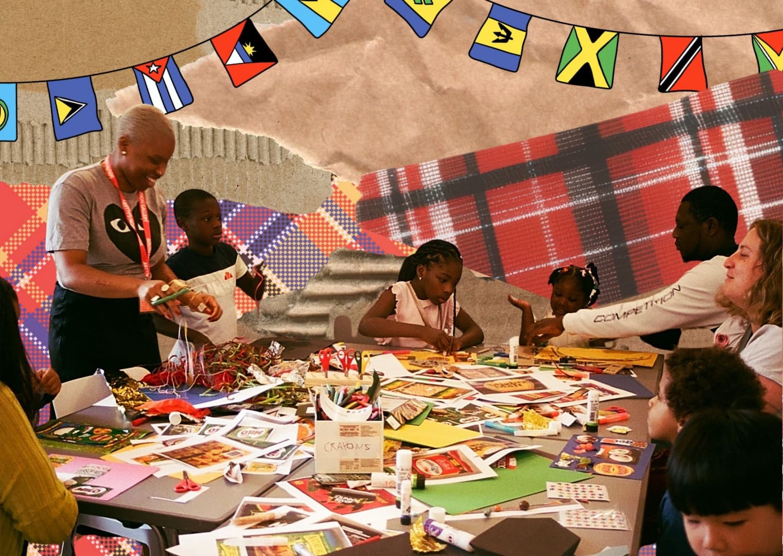 A collage of textiles and cardboard with a photo of children and adults in front of a messy table. They are doing an arts and crafts workshop.