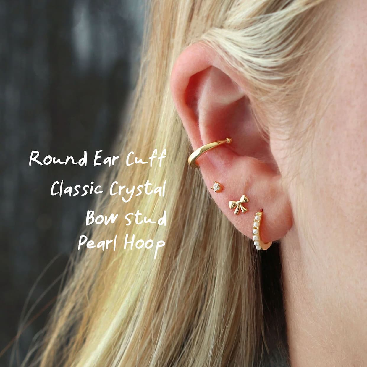 Ear stack with Round Ear Cuff, Classic Crystal stud, Bow Stud, and Pearl Hoop