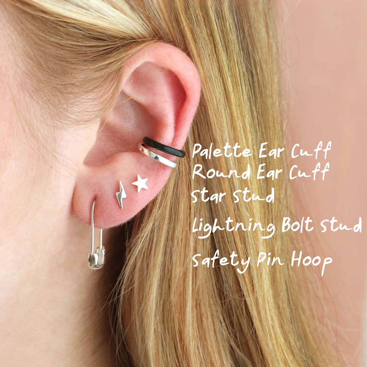 Ear stack with Palette Ear Cuff, Round Ear Cuff, Star Stud, Bolt Stud, and Safety Pin Hoop