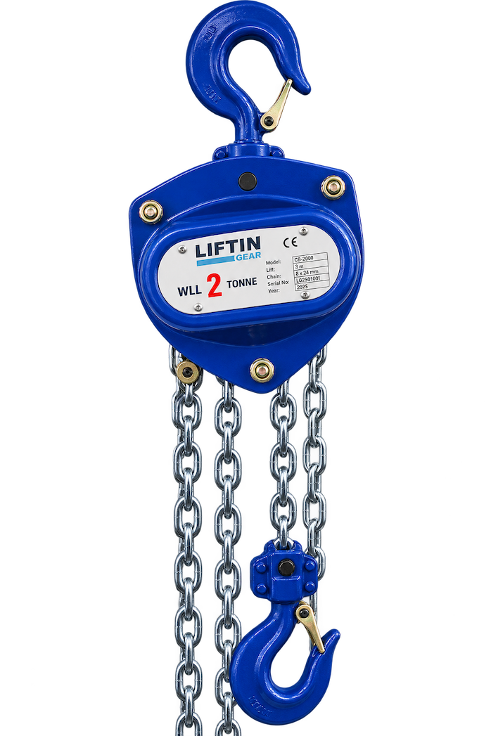 LiftinGear 2 tonne blue chain block with top and bottom hooks