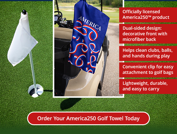 Officially licensed America250™ product Dual-sided design: decorative front with microfiber back Helps clean clubs, balls, and hands during play Convenient clip for easy attachment to golf bags Lightweight, durable, and easy to carry