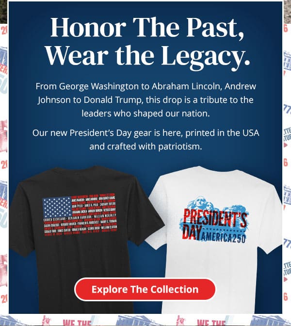 Honor The Past, Wear the Legacy. From George Washington to Abraham Lincoln, Andrew Johnson to Donald Trump, this drop is a tribute to theleaders who shaped our nation. Our new President's Day gear is here, printed in the USA and crafted with patriotism. – Explore The Collection