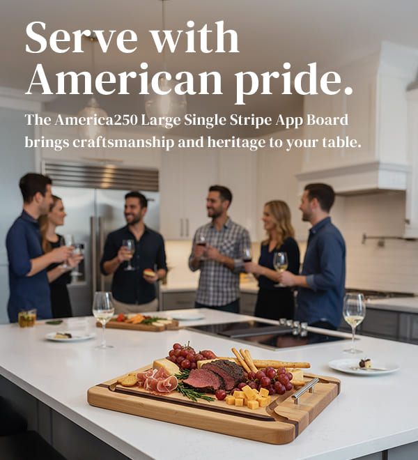 Serve with American pride. The America250 large single stripe app board brings craftsmanship and heritage to your table.