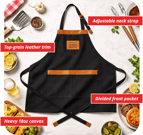 Adjustable neck strap. Top-grain leather trim. Divided front pocket. Heavy 18 oz. Canvas.