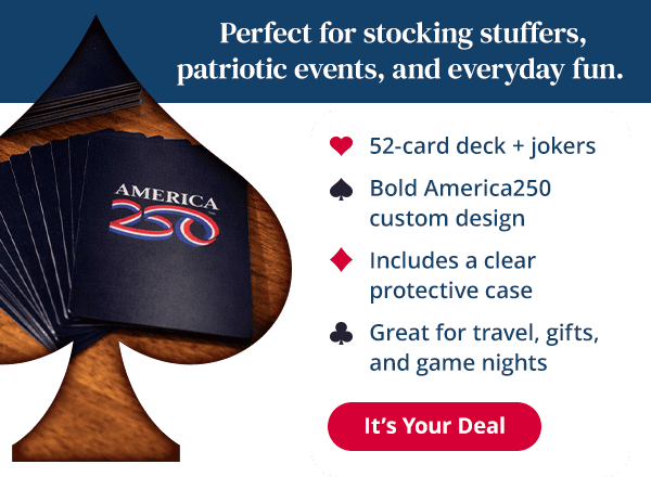 Perfect for stocking stuffers, patriotic events, and everday fun. 52-Deck + Jokers. Bold America250 Custom Design. Includes a clear protective case. Great for travel, gifts, and game nights.