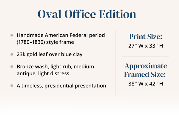 Oval Office Edition. Handmade American Federal period (1780–1830) style frame. 23k gold leaf over blue clay. Bronze wash, light rub, medium antique, light distress. A timeless, presidential presentation.