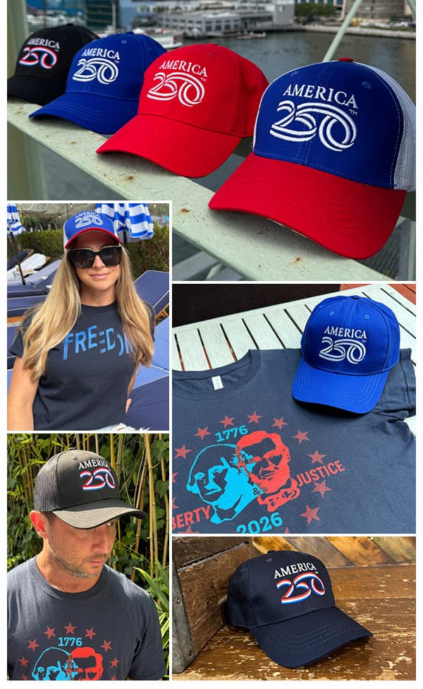 America250 hats are proudly crafted in the United States, these high-quality hats deliver a patriotic statement while offering an adjustable fit for all-day wear.