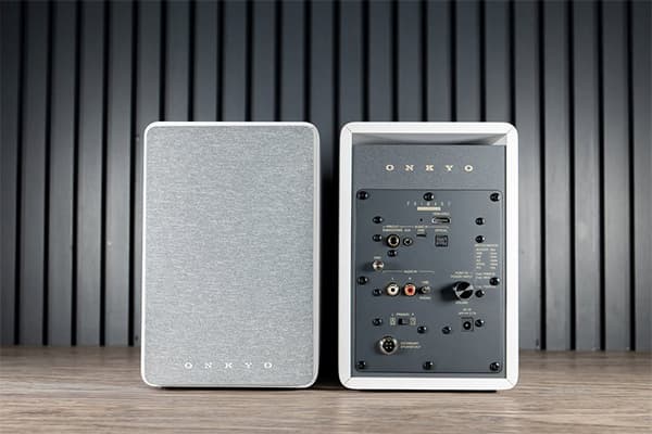 Two Onkyo GX-30ARC Powered Speakers. One facing forward other showing the back panel.  On a wooden-grain counter, in front of a black wall.
