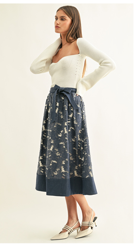 Crissa Jacquard Chambray Contrast Hem Midi Skirt