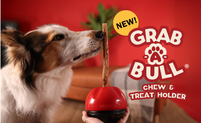 "New! Grab-A-Bull Chew Holder" with a photo of a dog smelling a Bully Stick
