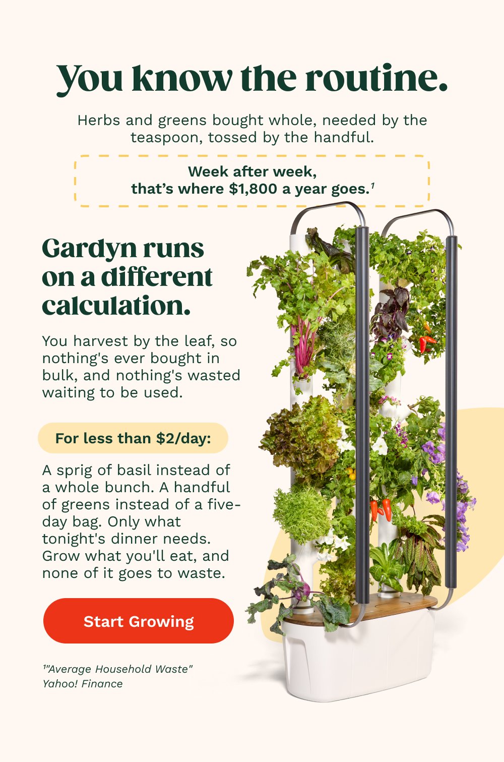 You know the routine. Herbs and greens bought whole, needed by the teaspoon, tossed by the handful. Week after week, that’s where $1,800 a year goes.1 Gardyn runs on a different calculation. You harvest by the leaf, so nothing's ever bought in bulk, and nothing's wasted waiting to be used. For less than $2/day: A sprig of basil instead of a whole bunch. A handful of greens instead of a five-day bag. Only what tonight's dinner needs. Grow what you'll eat, and none of it goes to waste. Start Growing 1"Average Household Waste" Yahoo! Finance