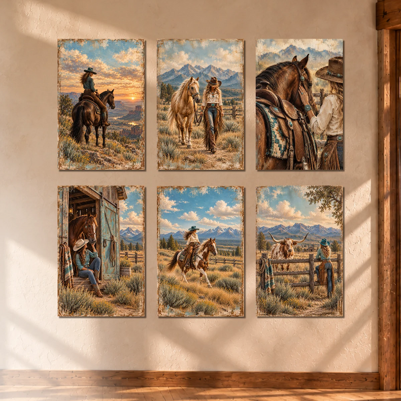 The full Cowgirl Horizons collection of six canvases hanging together on a ranch wall in afternoon light