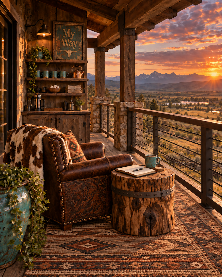 An upstairs ranch balcony at sunset with a built-in coffee bar, a tooled leather chair with a cowhide throw, and an open journal on a stump table overlooking the valley