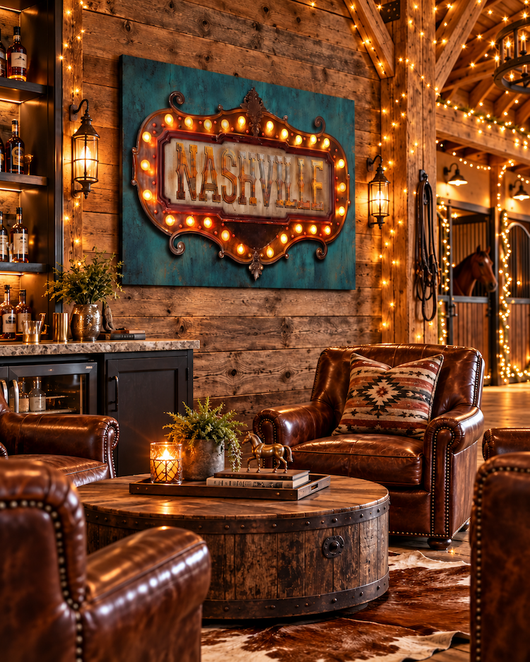 Nashville marquee canvas glowing with twinkling lights in a rustic western room