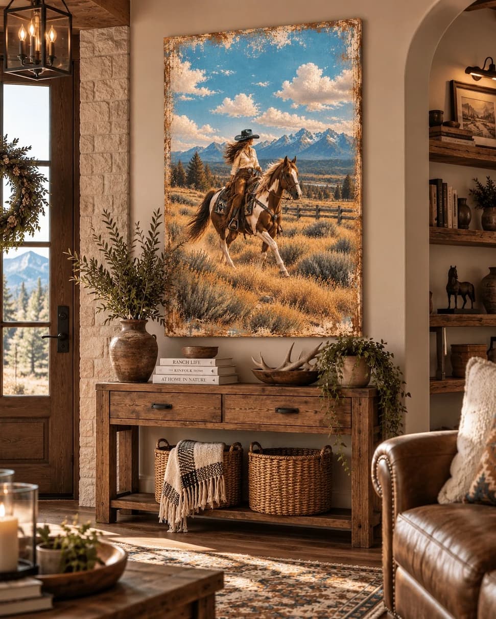 Wild Sage Morning canvas wall art — a cowgirl riding through high-country sage with mountains beyond