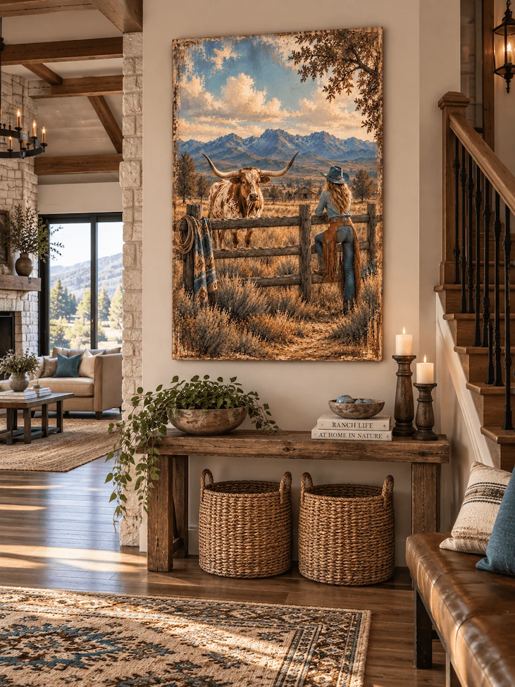 Across the Fence Line canvas wall art โ a turquoise-clad cowgirl leaning on a ranch fence, face to face with a longhorn, mountains beyond