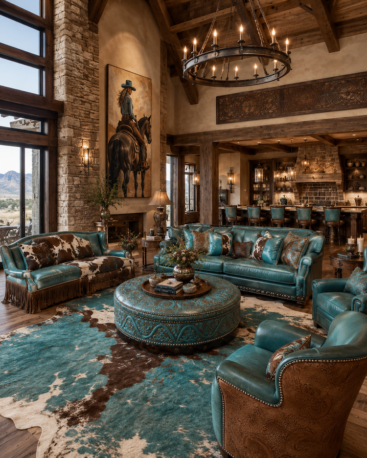 A turquoise western great room with tooled leather sofas, a cowhide rug, an iron chandelier and a large painting of a cowgirl on horseback